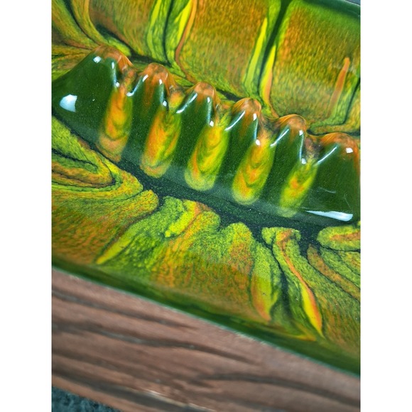 VINTAGE Mid-Century Ashtray Pottery Green Yellow Drip Glaze Centerpiece USA 101S - Picture 3 of 10